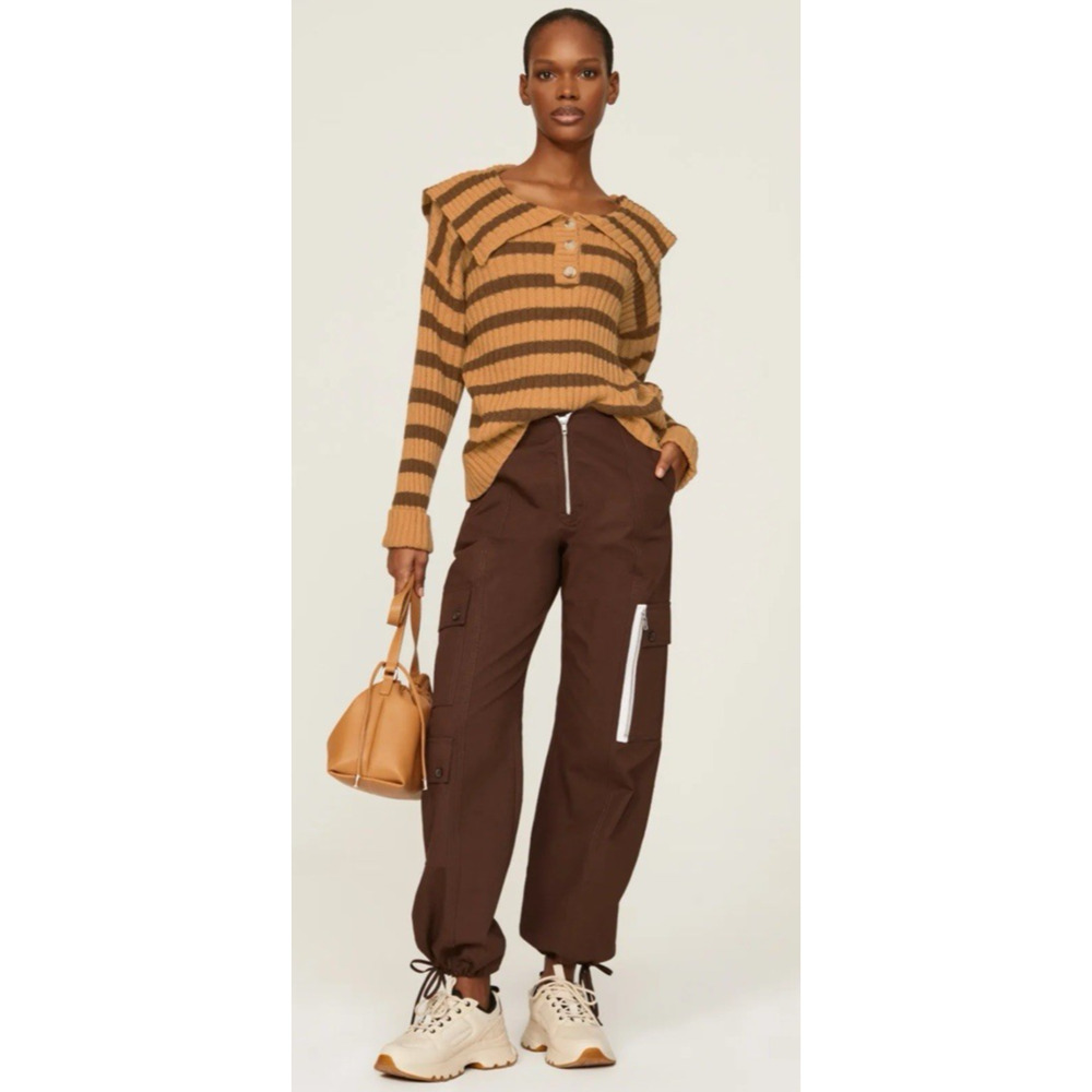 Line and Dot Striped Sailor‎ Collar Ribbed Knit Henley Sweater Brown Tan Sz S
